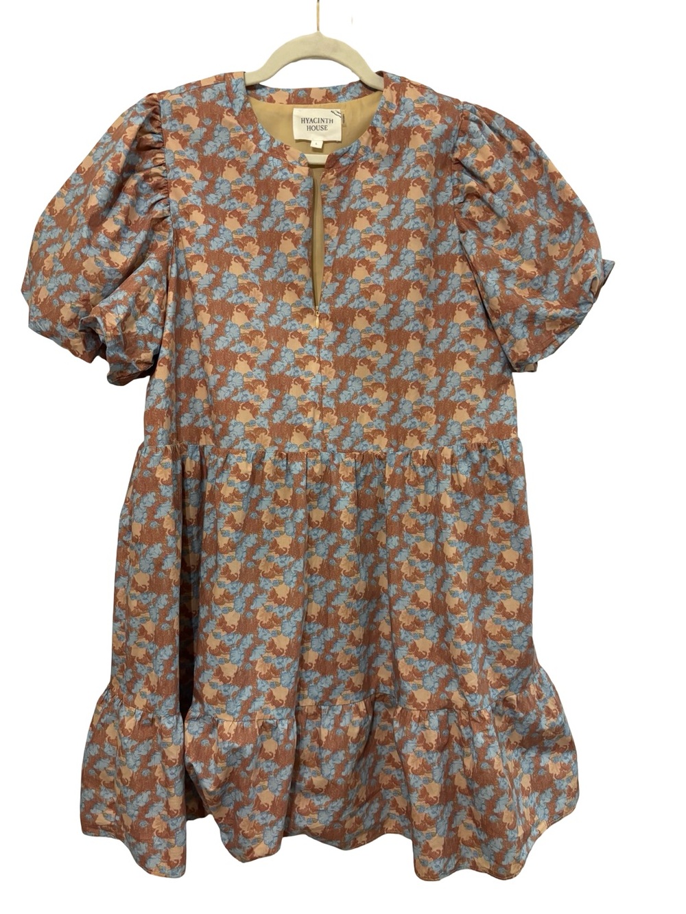 Girls' Rust & Light Blue Floral Puff-Sleeve Dress